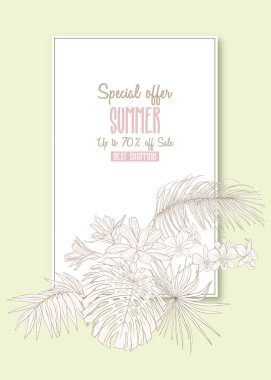 Tebrik kartı, davet veya tropik bitkiler ile banner şablon olarak palmiye yaprakları, monstera ve orkide. Anahat el vektör çizim çizimi