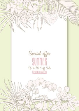 Tebrik kartı, davet veya tropik bitkiler ile banner şablon olarak palmiye yaprakları, monstera ve orkide. Anahat el vektör çizim çizimi