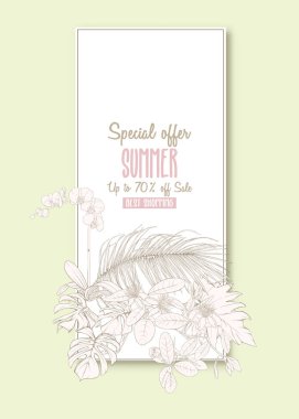 Tebrik kartı, davet veya tropik bitkiler ile banner şablon olarak palmiye yaprakları, monstera ve orkide. Anahat el vektör çizim çizimi