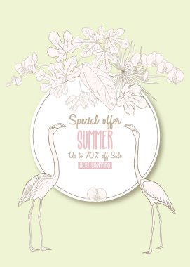 Tebrik kartı, davet veya tropik bitkiler ile banner şablon olarak palmiye yaprakları, monstera ve flamingo ile orkide. Anahat el vektör çizim çizimi