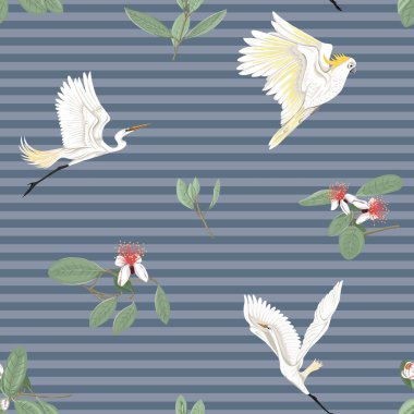 Dikişsiz desen, feijoa çiçek açan çiçekler ve balıkçıllar ve Kakadu papağan ile çiçek desenli arka plan. Vektör çizim gradyanlar ve saydamlık olmadan. Mavi kot çizgili arka plan üzerinde