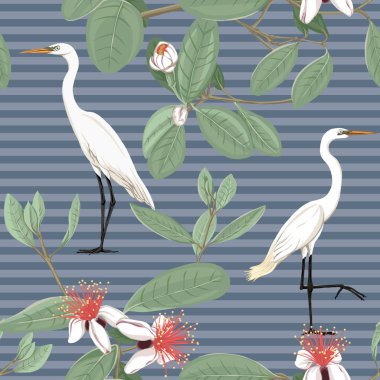 Dikişsiz desen, feijoa çiçek açan çiçekler ve balıkçıllar çiçek desenli arka plan. Vektör çizim gradyanlar ve saydamlık olmadan. Mavi kot çizgili arka plan üzerinde