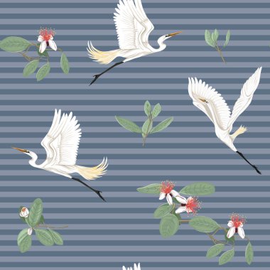 Dikişsiz desen, feijoa çiçek açan çiçekler ve balıkçıllar çiçek desenli arka plan. Vektör çizim gradyanlar ve saydamlık olmadan. Mavi kot çizgili arka plan üzerinde