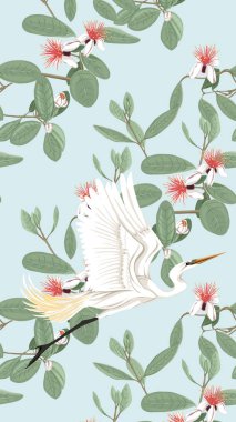 Desen, feijoa çiçeklerle balıkçıllar ile arka plan ile. Vektör çizim. Yumuşak mavi arka plan üzerinde. 