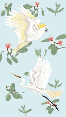 Desen, ile arka plan ile feijoa çiçeklerle balıkçıllar ve Kakadu papağan. Vektör çizim. Yumuşak mavi arka plan üzerinde. 