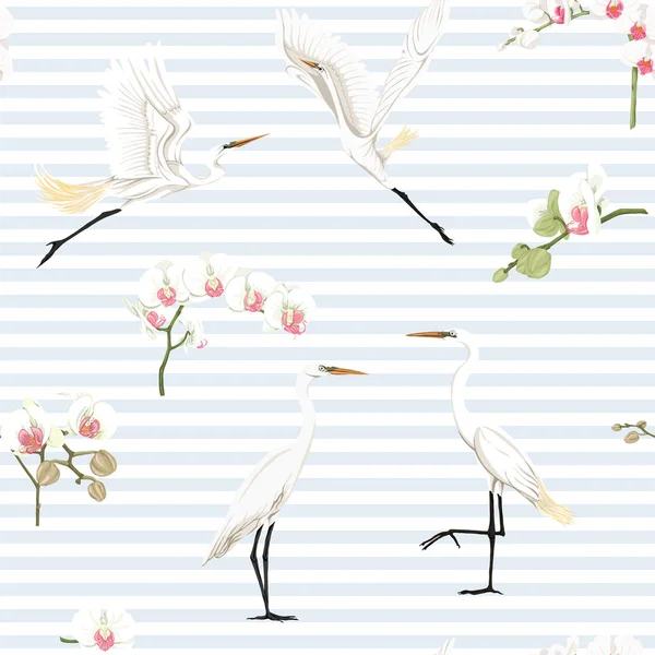 Seamless Pattern Background Tropical Birds White Heron Cockatoo Parrot Colored — Stock Vector