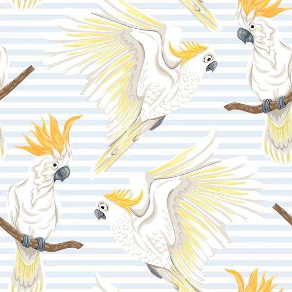 Seamless pattern, background with tropical birds. White heron, cockatoo parrot. Colored vector illustration. On blue and white stripes background