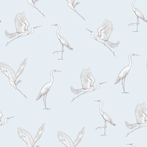 シームレスなパターンは 熱帯の鳥との背景 ホワイト ヘロン オウムはオウムします ベクトルの図 グラフィックの描画 彫刻スタイル ベクトル イラスト — ストックベクタ