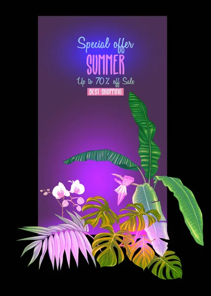 Πρότυπο Για Ευχετήρια Κάρτα Πρόσκληση Banner Τροπικά Φυτά Φύλλα Φοινίκων — Διανυσματικό Αρχείο