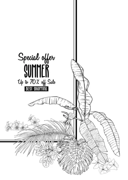Шаблон Поздравительной Открытки Приглашения Баннера Тропическими Растениями Пальмовыми Листьями Монстрами — стоковый вектор