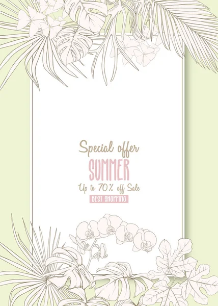 Tebrik kartı, davet veya tropik bitkiler ile banner şablon olarak palmiye yaprakları, monstera ve orkide. Anahat el vektör çizim çizimi
