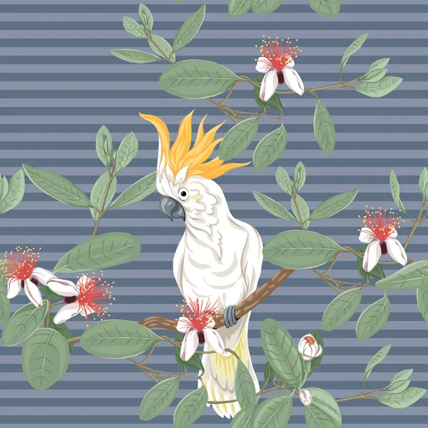 Безшовний Візерунок Фон Квітковим Візерунком Квітучими Квітами Фейхоа Папугою Какао — стоковий вектор