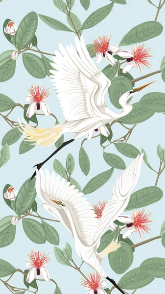 Desen, feijoa çiçeklerle balıkçıllar ile arka plan ile. Vektör çizim. Yumuşak mavi arka plan üzerinde. 