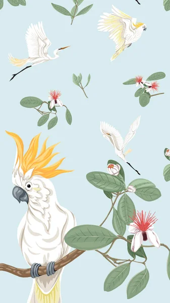 Φαντασία Φόντο Φειζοα Γκουαγιαμπο Λουλούδια Ερωδιούς Και Είδος Ψιττακού Παπαγάλος — Διανυσματικό Αρχείο