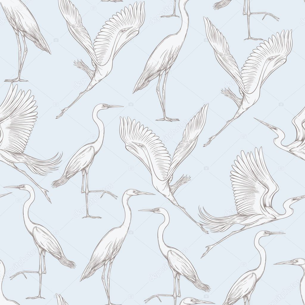 Seamless pattern, background with tropical birds. White heron,cockatoo parrot. Vector illustration. Graphic drawing, engraving style. vector illustration. In vintage blue and beige colors
