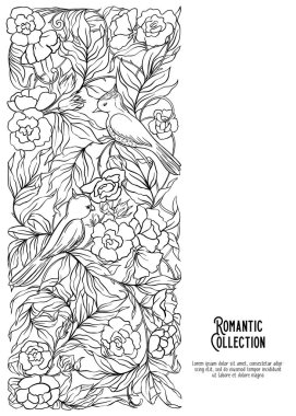 Çiçek desenli art nouveau tarzında, vintage, eski, retro tarzı. Metin için yer ile davetiye, tebrik kartı afiş, hediye çeki için şablon. Anahat el vektör çizim çizimi.