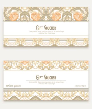 Çiçek desenli art nouveau tarzında, vintage, eski, retro tarzı. Hediye çeki. Renkli vektör çizim. Yumuşak turuncu ve yeşil renklerde.