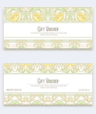 Çiçek desenli art nouveau tarzında, vintage, eski, retro tarzı. Hediye çeki. Renkli vektör çizim. Yumuşak sarı ve yeşil renklerde.