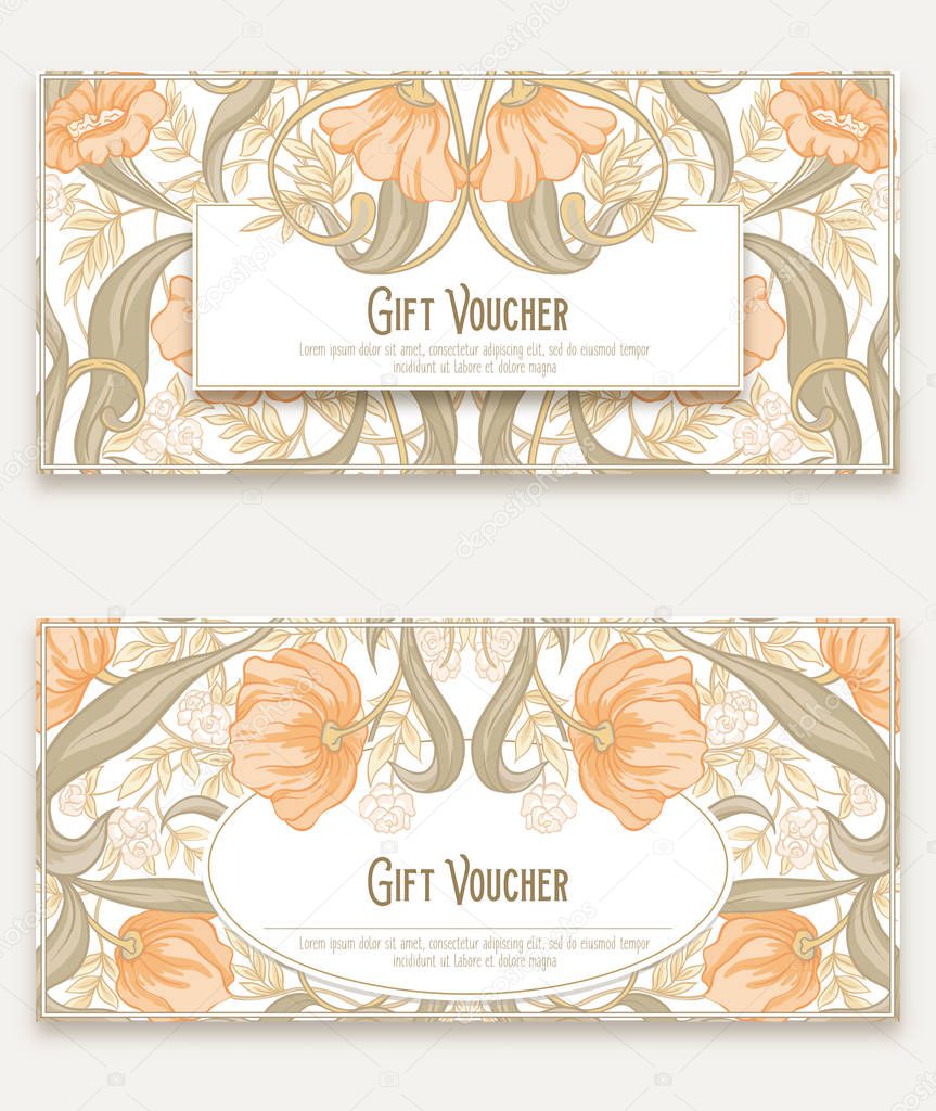 Floral pattern in art nouveau style, vintage, old, retro style. Gift voucher. Colored vector illustration. In soft orange and green colors.