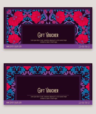 Çiçek desenli art nouveau tarzında, vintage, eski, retro tarzı. Hediye çeki. Renkli vektör çizim. Kırmızı ve mavi renklerde.