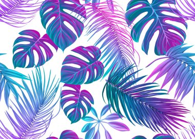 Tropic leaves seamless pattern in neon colors. Colored vector illustration. Isolated on white background. clipart