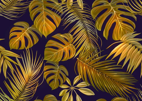 Tropic Daun Pola Mulus Dalam Warna Emas Ilustrasi Vektor Berwarna - Stok Vektor