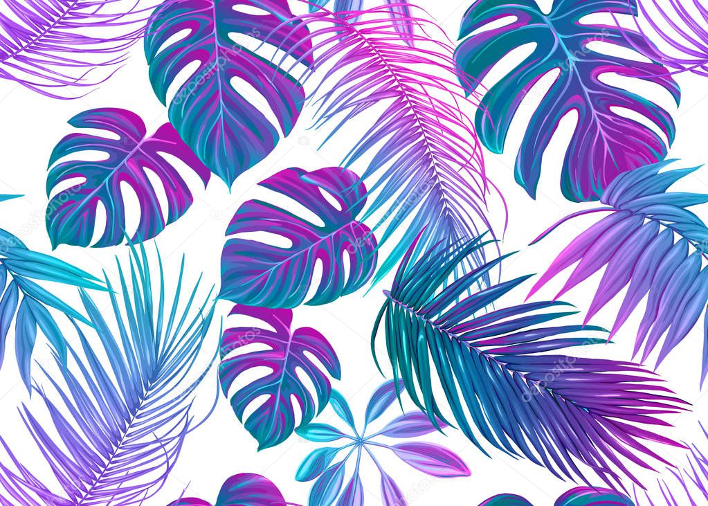 Tropic leaves seamless pattern in neon colors. Colored vector illustration. Isolated on white background.