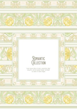 Çiçek desenli art nouveau tarzında, vintage, eski, retro tarzı. Metin için yer ile davetiye, tebrik kartı, afiş, hediye çeki için şablon. Vektör çizim. Yumuşak sarı ve yeşil renklerde