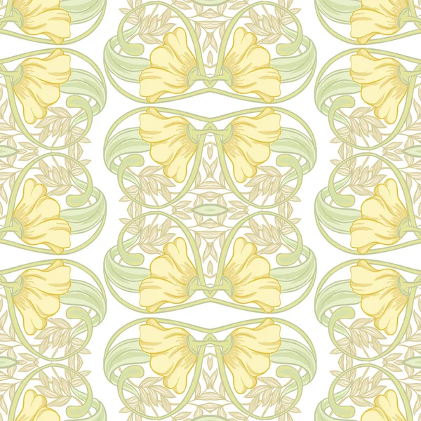 シームレスなパターンは アール ヌーボー スタイル ビンテージ レトロ 古いスタイルの花柄の背景 色ベクトルの図 柔らかい黄色と緑の色で — ストックベクタ