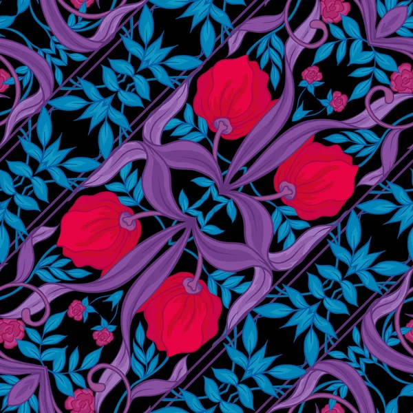 シームレスなパターンは アール ヌーボー スタイル ビンテージ レトロ 古いスタイルの花柄の背景 色ベクトルの図 ピンク 紫外色で — ストックベクタ