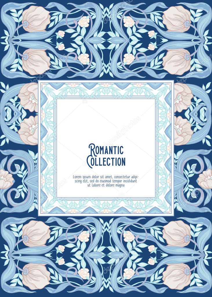 Floral pattern in art nouveau style, vintage, old, retro style. Template for invitation, greeting card, banner, gift voucher with place for text. Colored vector illustration. In soft blue colors