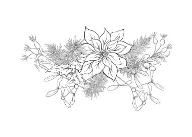 Noel dekorasyonu, yapılan çam dalları, puancetti, çam, holly, ökse otu, köpek gül çelenk. Beyaz arka plan üzerinde izole. Anahat el vektör çizim çizimi