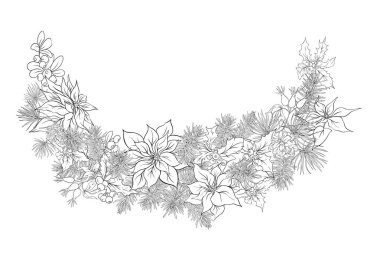 Noel dekorasyonu, yapılan çam dalları, puancetti, çam, holly, ökse otu, köpek gül çelenk. Beyaz arka plan üzerinde izole. Anahat el vektör çizim çizimi