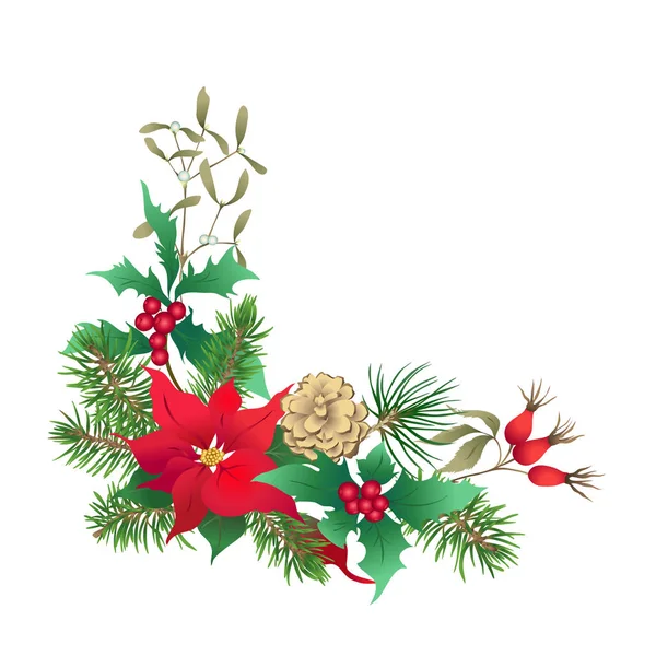 Christmas Decoration Wreath Made Fir Branches Puancetti Pine Holly Mistletoe — Stock Vector