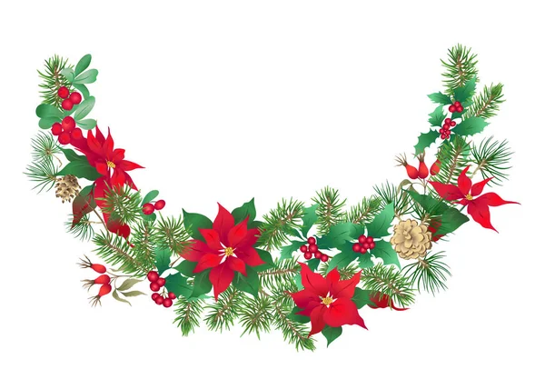 Christmas Decoration Wreath Made Fir Branches Puancetti Pine Holly Mistletoe — Stock Vector