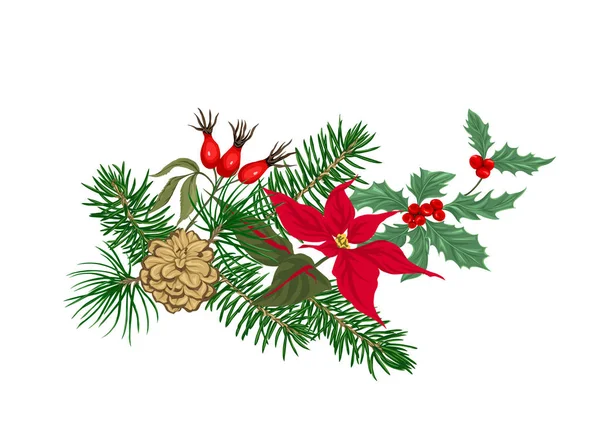 Різдвяна Прикраса Вінок Ялинових Гілок Пуанцетті Сосни Холлі Тумблеї Троянди — стоковий вектор