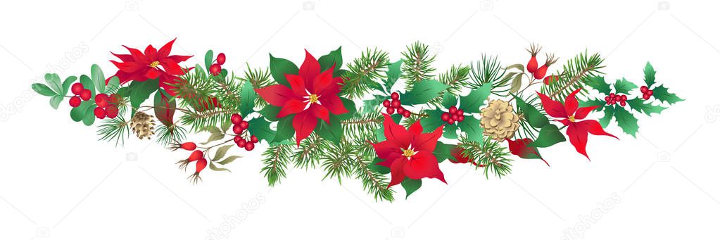Christmas decoration, a wreath made of fir branches, puancetti, pine, holly, mistletoe, dog rose. Isolated on white background. Colored vector illustration
