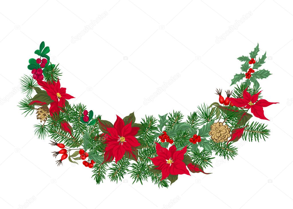 Christmas decoration, a wreath made of fir branches, puancetti, pine, holly, mistletoe, dog rose. Isolated on white background. Colored vector illustration