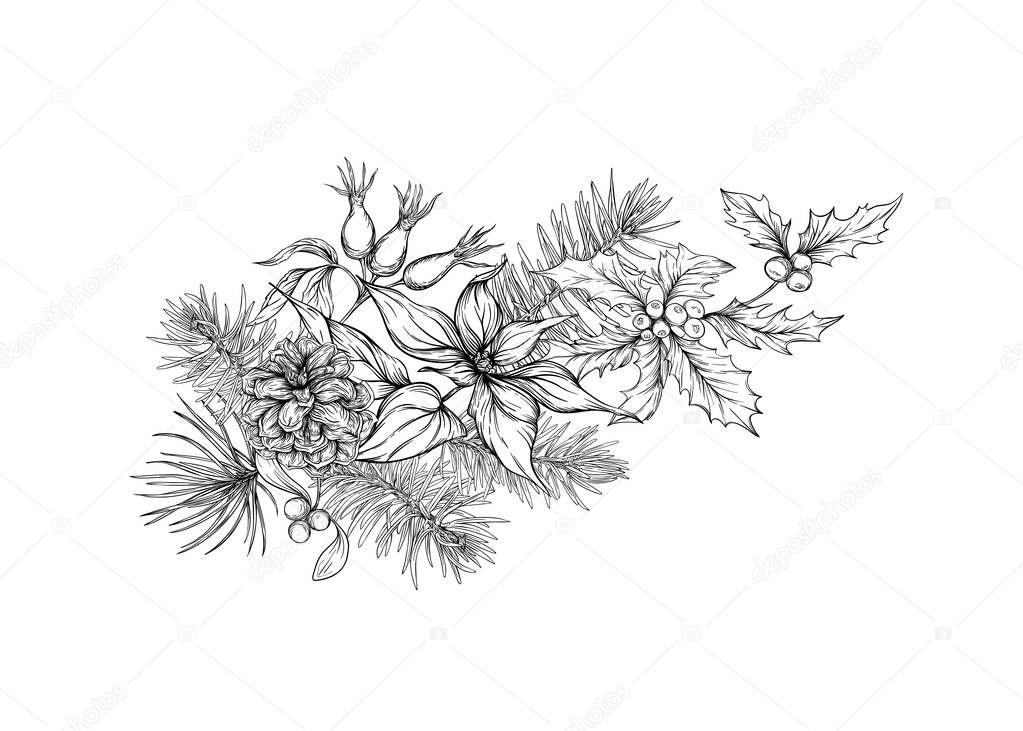 Christmas decoration, a wreath made of fir branches, puancetti, pine, holly, mistletoe, dog rose. Isolated on white background. Graphic drawing, engraving style. vector illustration