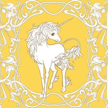 Seamless modeli, tek boynuzlu at ve vintage, fantsatic çiçekler art nouveau tarzında, vintage, eski, retro tarzı ile arka plan. Vektör çizim. Vintage sarı ve bej renkleri.