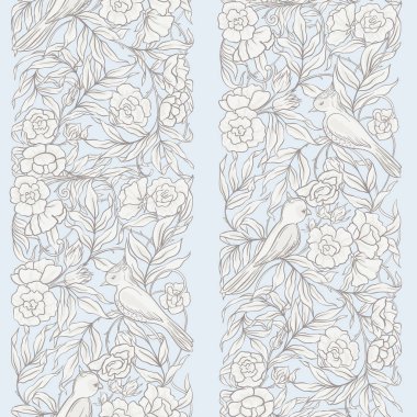  Dikişsiz desen, kuşlar art nouveau tarzında, vintage, eski, retro tarzı ile çiçek desenli arka plan. Renkli vektör çizim. Vintage mavi ve bej renklerini