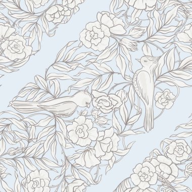  Dikişsiz desen, kuşlar art nouveau tarzında, vintage, eski, retro tarzı ile çiçek desenli arka plan. Renkli vektör çizim. Vintage mavi ve bej renklerini