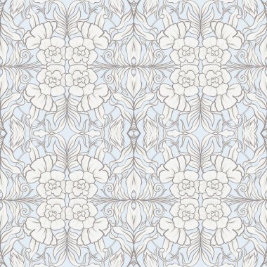  Dikişsiz desen, kuşlar art nouveau tarzında, vintage, eski, retro tarzı ile çiçek desenli arka plan. Renkli vektör çizim. Vintage mavi ve bej renklerini