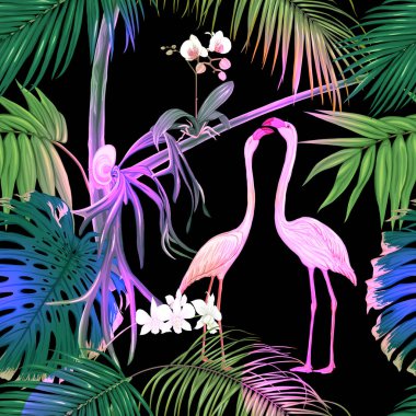 Dikişsiz desen, arka plan. tropikal bitki ve çiçeklerle beyaz orkide ve tropikal kuşlar. Neon, siyah adam floresan renkler renkli vektör çizim