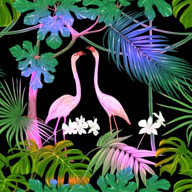 Dikişsiz desen, arka plan. tropikal bitki ve çiçeklerle beyaz orkide ve tropikal kuşlar. Neon, siyah adam floresan renkler renkli vektör çizim