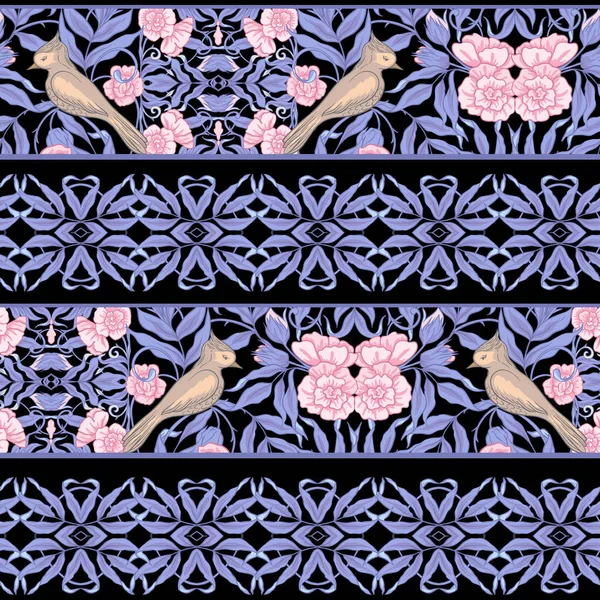 シームレスなパターンは アール ヌーボー スタイル ビンテージ レトロ 古いスタイルの鳥と花柄の背景 色ベクトルの図 ブルーとピンクの色で — ストックベクタ