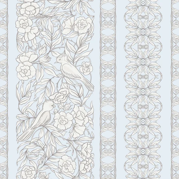 Seamless Mönster Bakgrund Med Blommönster Med Fåglar Art Nouveau Stil — Stock vektor