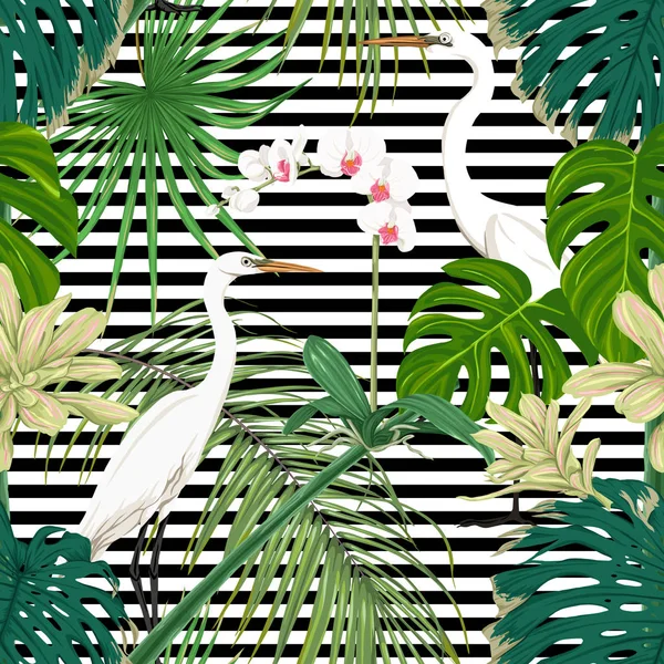 Modèle Sans Couture Fond Avec Des Plantes Tropicales Des Fleurs — Image vectorielle