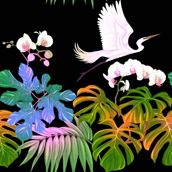 Vzor Bezešvé Pozadí Tropických Rostlin Květin Bílou Orchidejí Tropických Ptáků — Stockový vektor