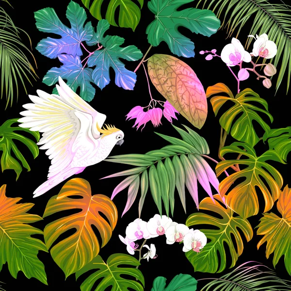 Naadloze Patroon Achtergrond Met Tropische Planten Bloemen Met Witte Orchidee — Stockvector